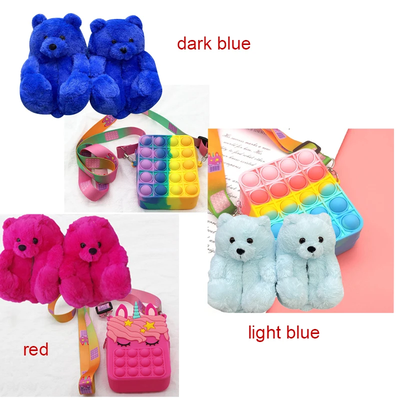 Silicone Popit Kids Bag  & Teddy Bear Matching Slippers Set Children Kids House Shoes Coin Purse and Handbags