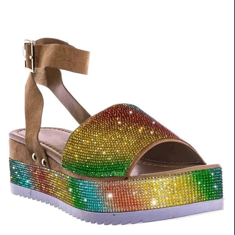LX-220 2021 sequined beaded wide cross strap open toe thick wedge sole high heel ankle strap platform sandals for women