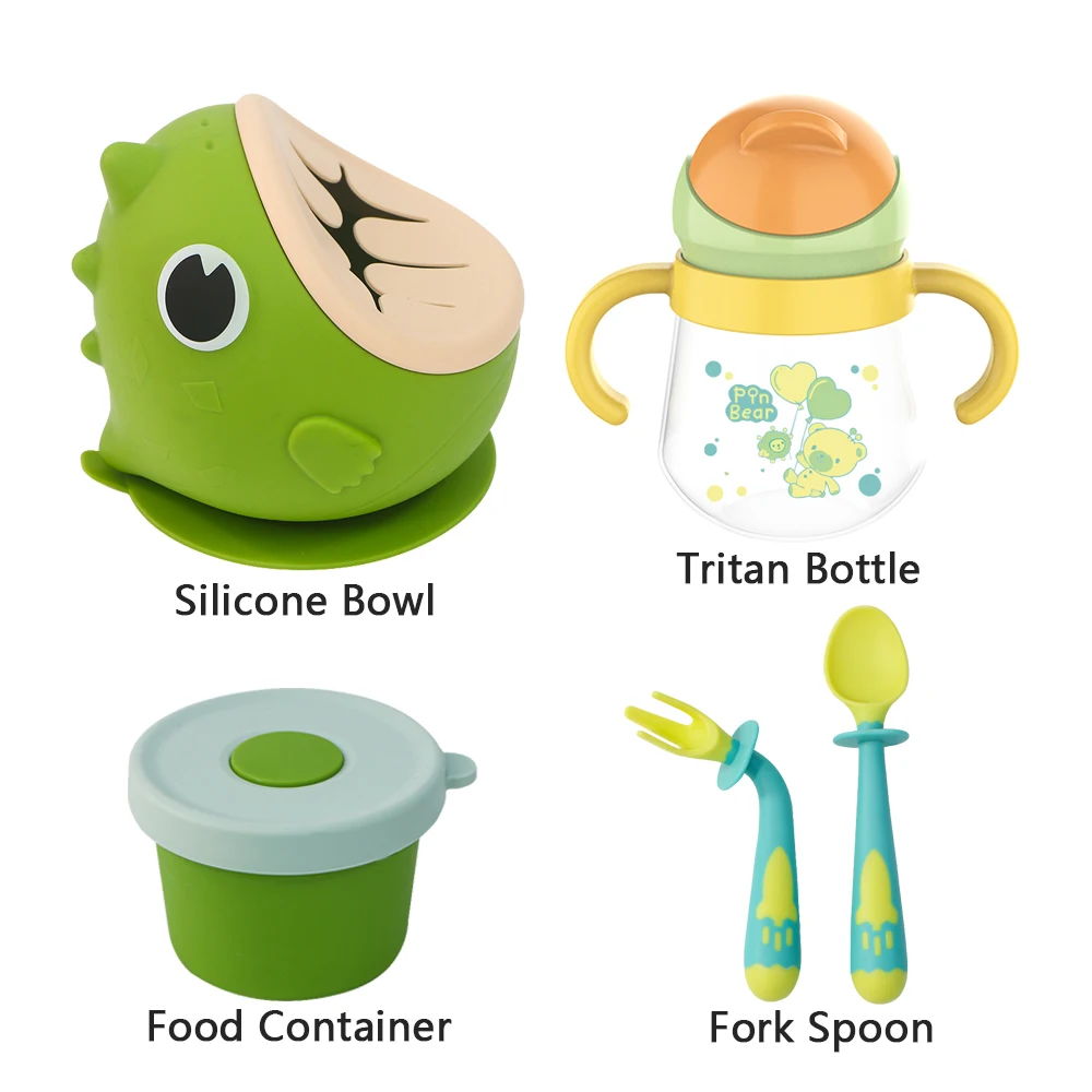 Anti Spill Baby Water Bottle Silicone Dinosaur Suction Bowl Feeding Spoon And Fork Tableware Dinner Cutlery Set For Kids