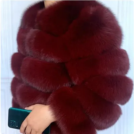in Stock Female Coat Man-Made Artificial Rabbit Fur Full-Length Woolen Jacket with Short Sleeves Dyed Print Pattern