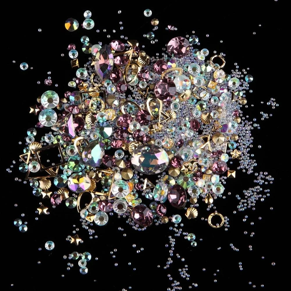 
12 Mixed Styles Colorful Glitter Rhinestones Charms Gems Metal Hollow Shell flake rivet DIY 3D Nail Art Decorations 