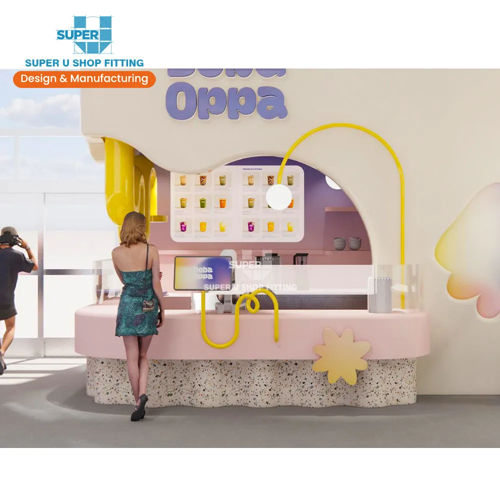 Modern Sweets Boutique Furniture Milk Boba Tea Mall Kiosk Coffee Bar Counter Customized Bubble Tea Shop Interior Design