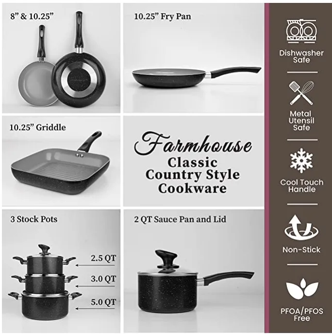 Набор Антипригарной Посуды, 13 предметов, набор антипригарных кастрюль и сковородок с трехслойным алмазным покрытием, 100% PFOA Free, Stay Cool Touch Han