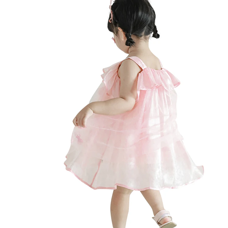 Kids Girls Sleeveless Embroidery Butterfly Pink Square Collar Mesh Ruffle Dresses Baby Children Clothes Party  Princess Dress