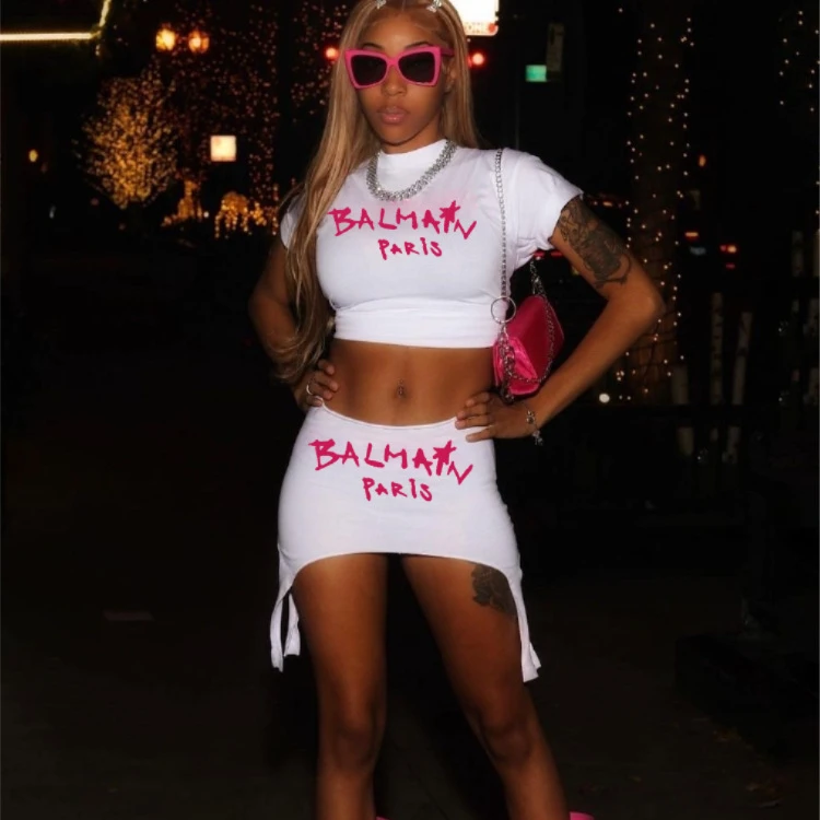 Y2K Designer Clothes Letter Print Outfits 2 Piece Mini Skirt And Crop Top Set For Women Casual Elegant Women Two Piece Set