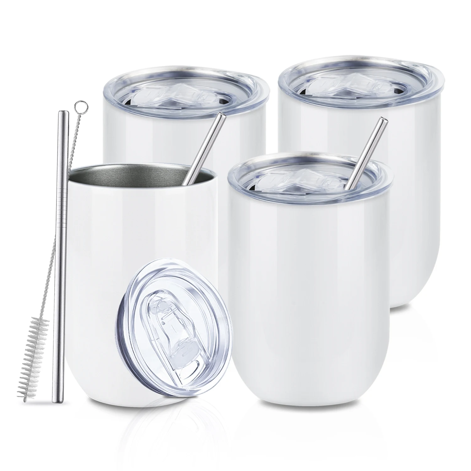 White 12oz Straight blank thermal insulated stemless wholesale stainless steel sublimation wine tumbler with lid and straw