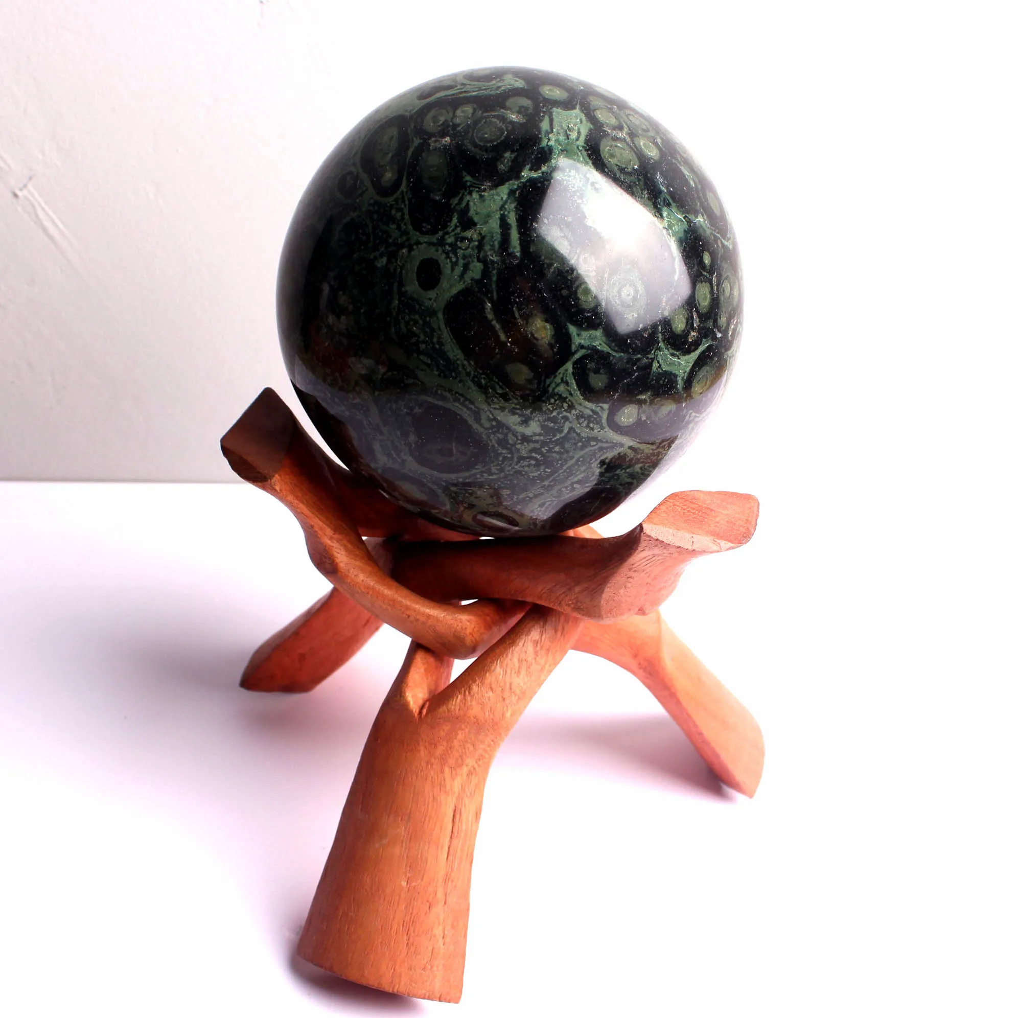 Gemstone Ball Solid Wood Base Carving Display Stand Sphere for Home Decoration