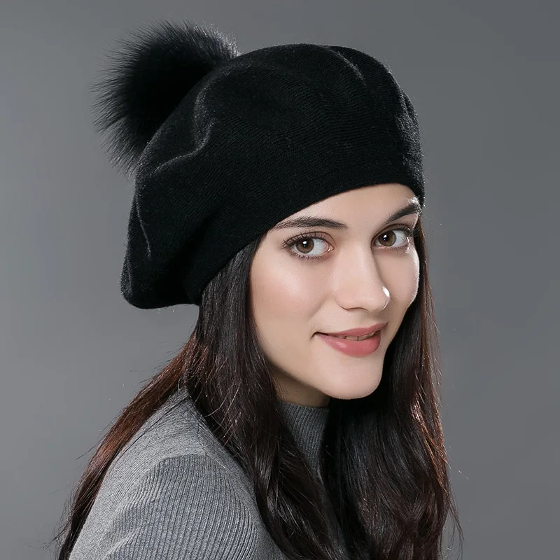 RTS Autumn Winter Wholesale Knitted Beret Hats for Women Custom Fur Pompom Beret Hat Fashion Solid Color Beanie