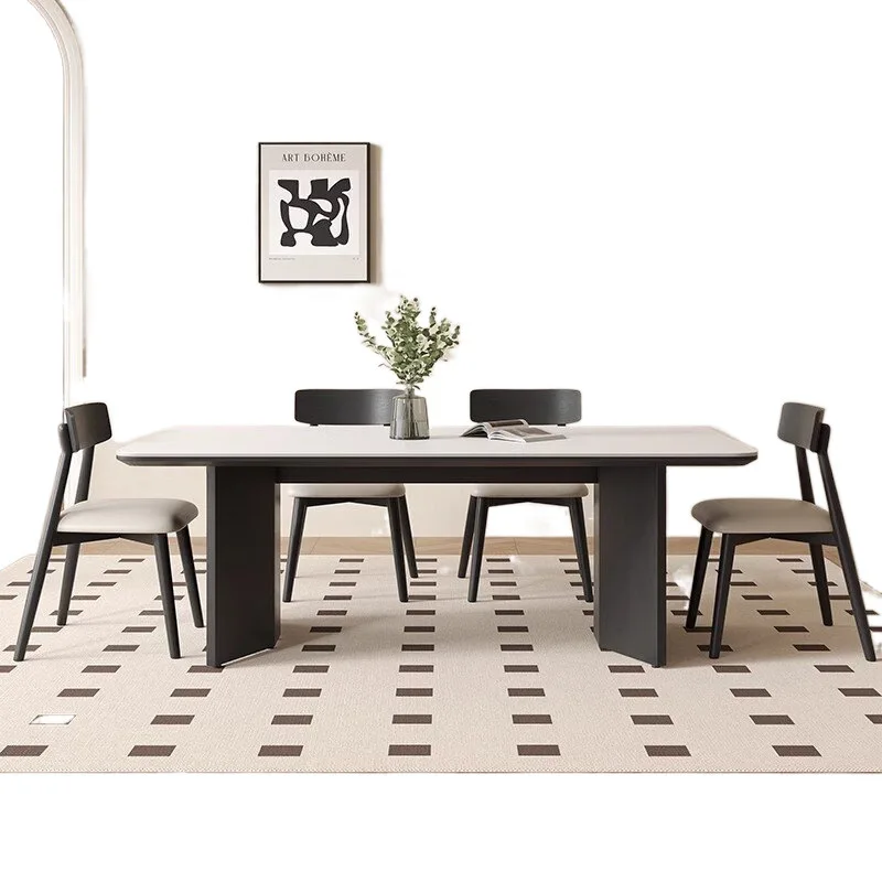 Synthetic marble top dining room furniture six ten eight chairs modern rectangle  2 stable pedestals slate dinner tables