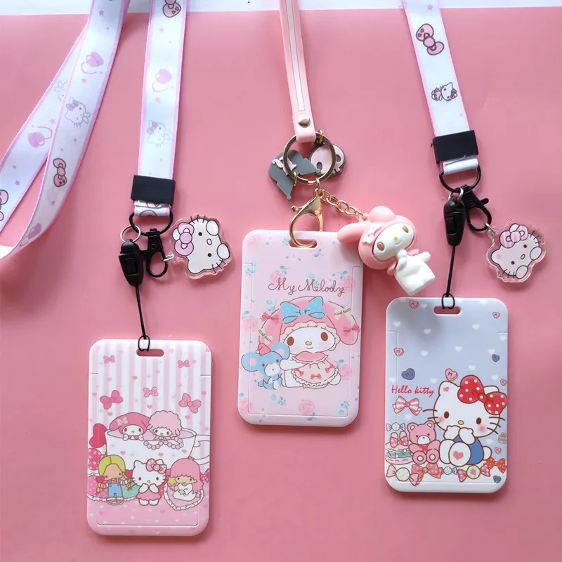 Hot Sale Neck Lanyard Cute Cartoon Hello Kitty Melody Kuromi Back Card Holder Case Student Bus Identity Badge Cover Accessories