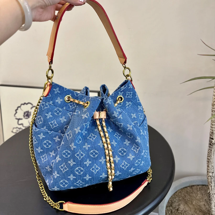 Laura Day 2024 new denim print underarm medieval bag Alphabet Tote bag Large capacity single shoulder crossbody bag