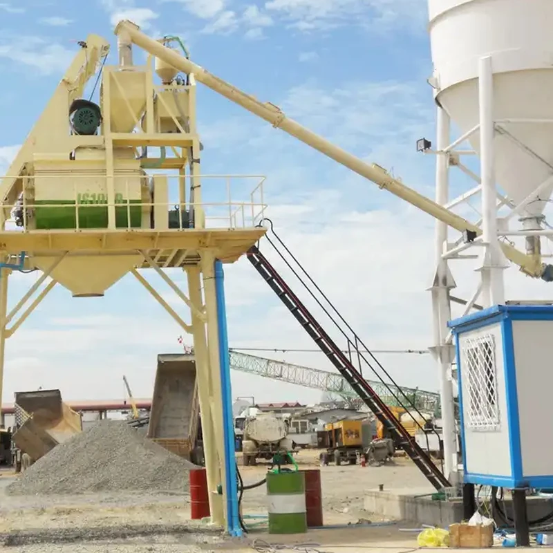 Full automatic cement plant concrete batching plant HZS75 with twin shaft mixer working