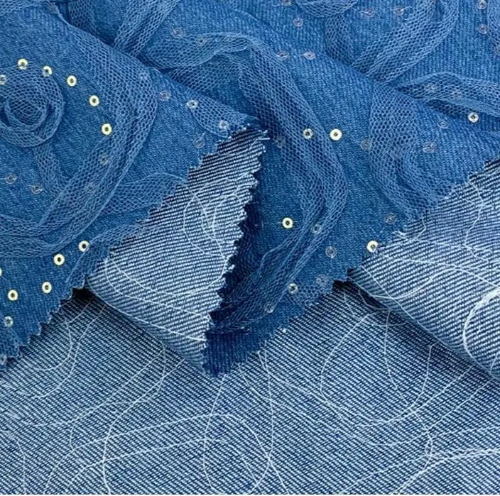 Henry Factory Wholesale High Quality Woven Rose Lace Denim Embroidery Fabric For Fashion Dress Coats