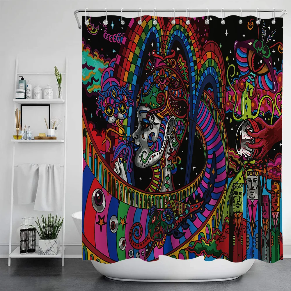 Waterproof Shower Curtain 3D Psychedelic Spirits Hippie Bathroom Curtain Shower Room with Hooks