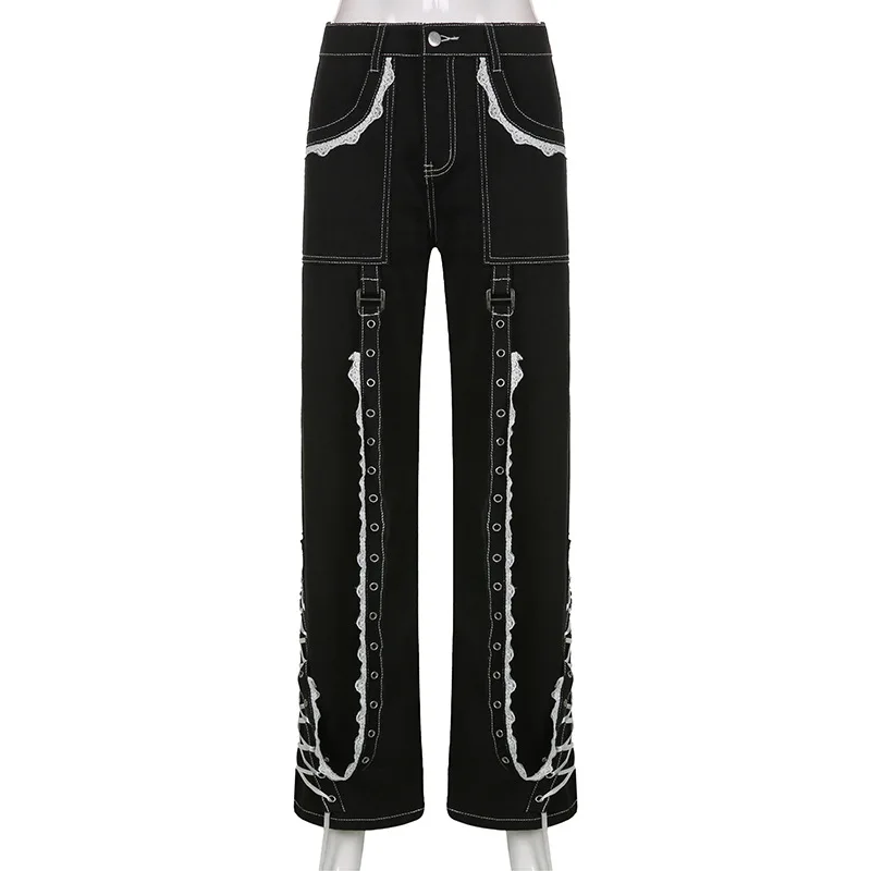 Blue Team custom Loose and straight jeans Similar lace perforated design strappy Special design jeans for women