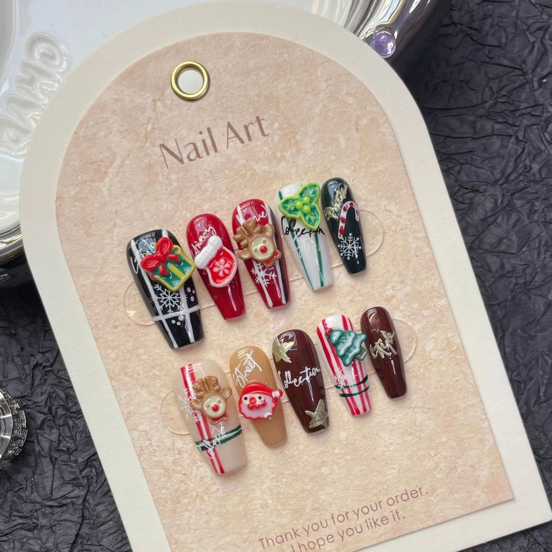 High quality wholesaler New style Rhinestone Hand pressing 3D Christmas Collection reusable glue Artificial press on  nails