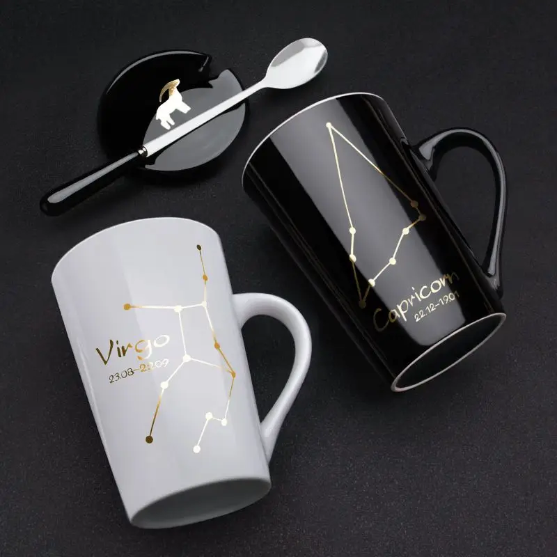 Custom Logo 12 Constellations Ceramic Coffee Milk Water Mug With Spoon Lid Black White Porcelain Zodiac Ceramic Cup Gift Box