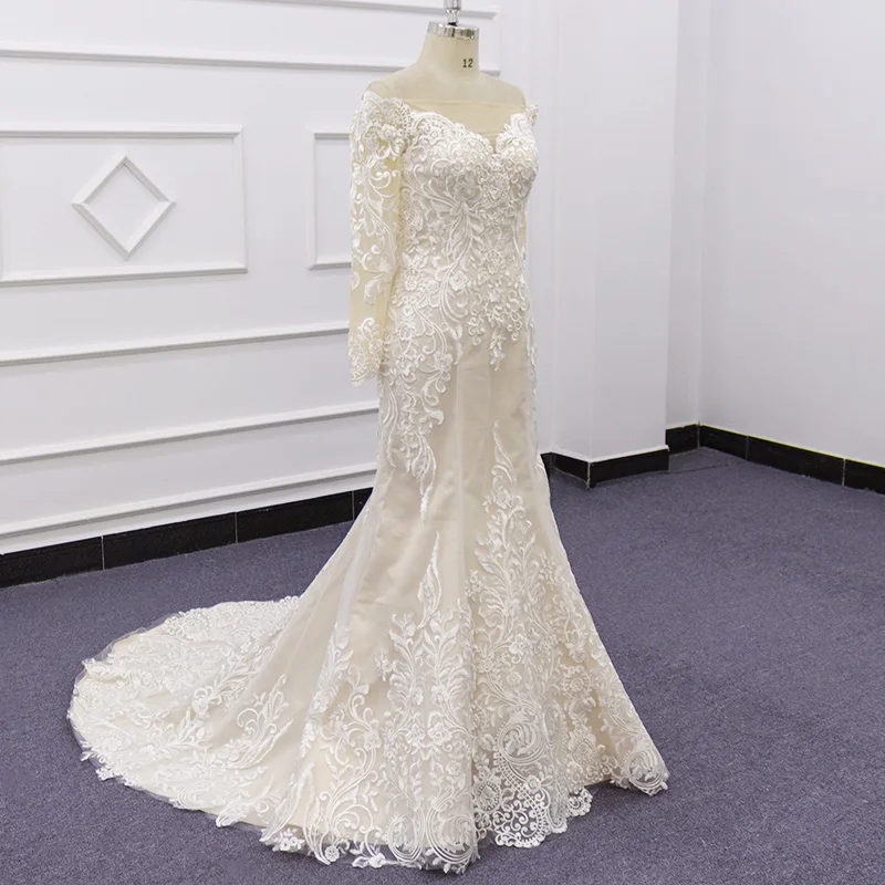 Eslieb SJ323 long sleeve  champagne  China wholesale Mermaid/Trumpet turkey wedding dress with fish tail