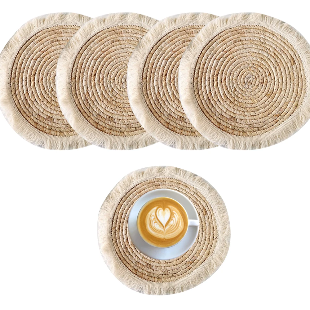 Modern simple straw woven placemat corn husk woven mat fringed edge thickened insulated placemat small cup cushion table mat