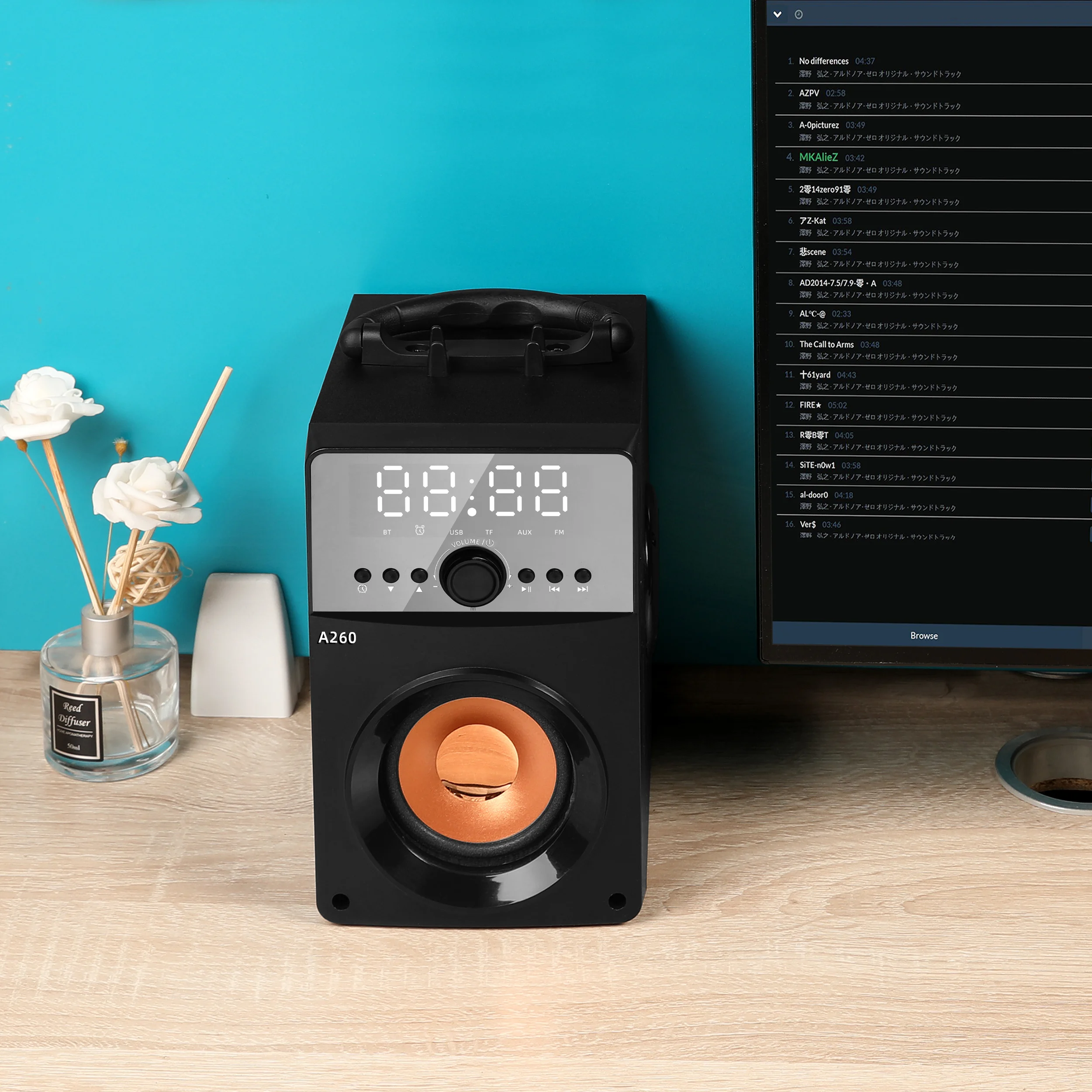 A26 2.1 Channel  Alarm Clock Boombox  Home Wireless Hifi Speaker Karaoke Outdoor Stereo Wooden Subwoofer