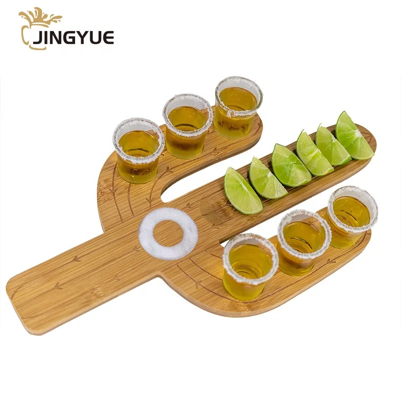 Unique Mexican Bamboo Shot Glass Holder Serving Tray Cactus Tequila Tray & Liquor Spirit Shot Glasses Set for Party Gift