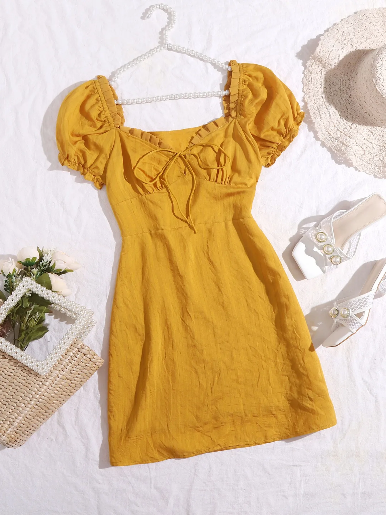 Solid Color High Quality Cotton Dresses Summer Women 2021 Fashion Girls Mini Skirt Tie Front Crinkle Dress