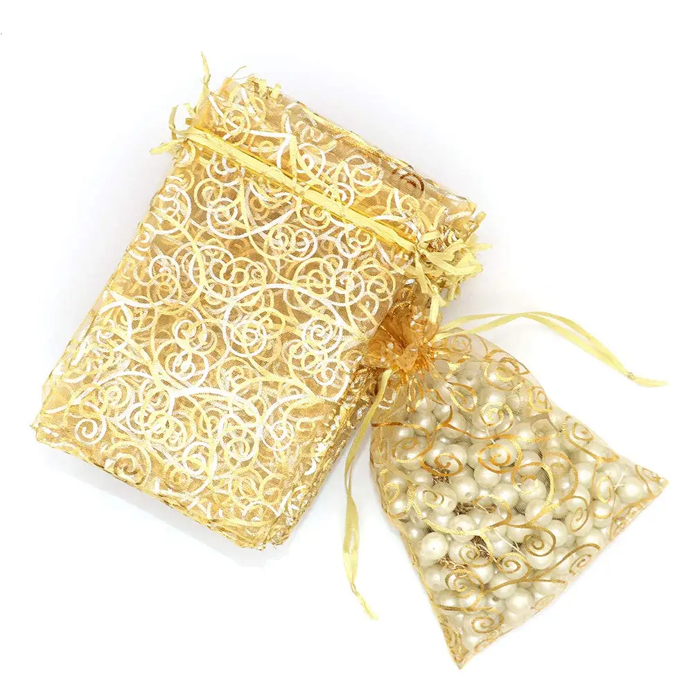 Customized Promotional Cheap Wholesale Gold Eco-Friendly Drawstring Floral Gift Organza Bags