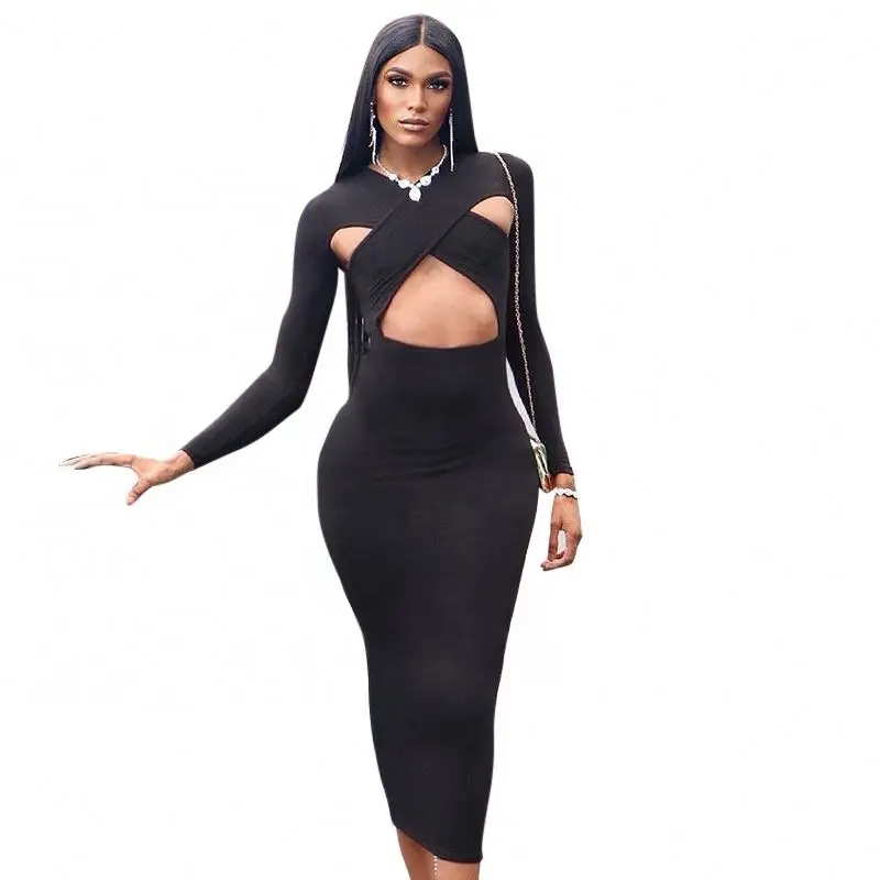 RX-M21DS441Autumn slim modern dress with hole black long sleeve crochet dress hollow out sexy long dresses women maxi casual