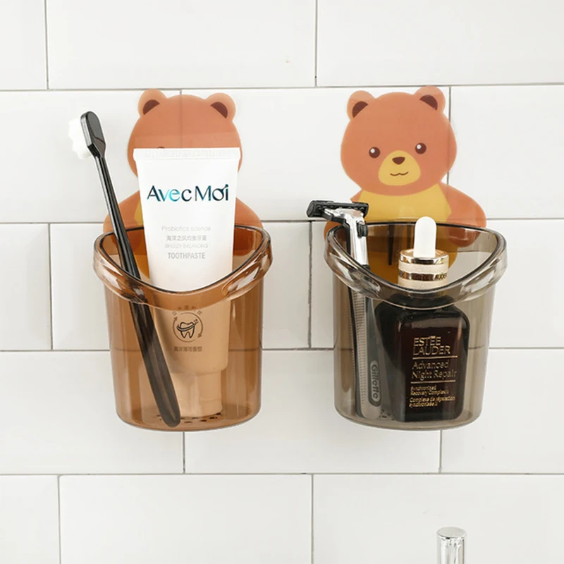 Teddy Bear Wall Mounted Toothbrush Holder Cup Punch Free Storage Rack Bathroom Supplies Organizer Bathroom Accessories