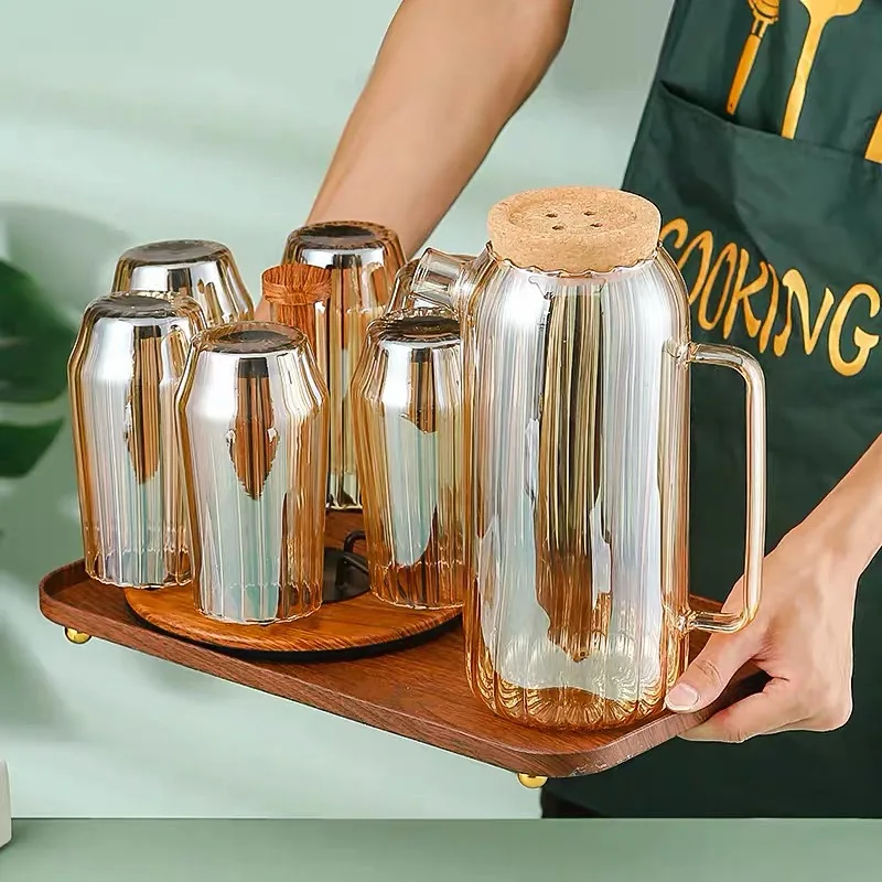 Glass Water Pitcher Set with Lid for Juice and Cold Drink Tall Jugs with Handle for Drinking Tea Water Jug with 4 Tumbler Cups