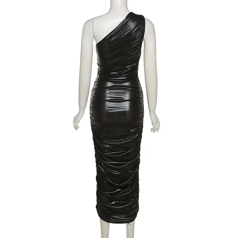  2021 Washable Evening Western Dresses Skew Collar One Shoulder Black Celebrity Shinny Ruched Long Bodycon Midi