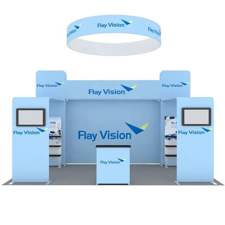 20x10ft Tool Free Aluminum Trade Show Equipment Shelf Display Stand LOGO Printed Ceiling Banner Custom Exhibition Booth Design