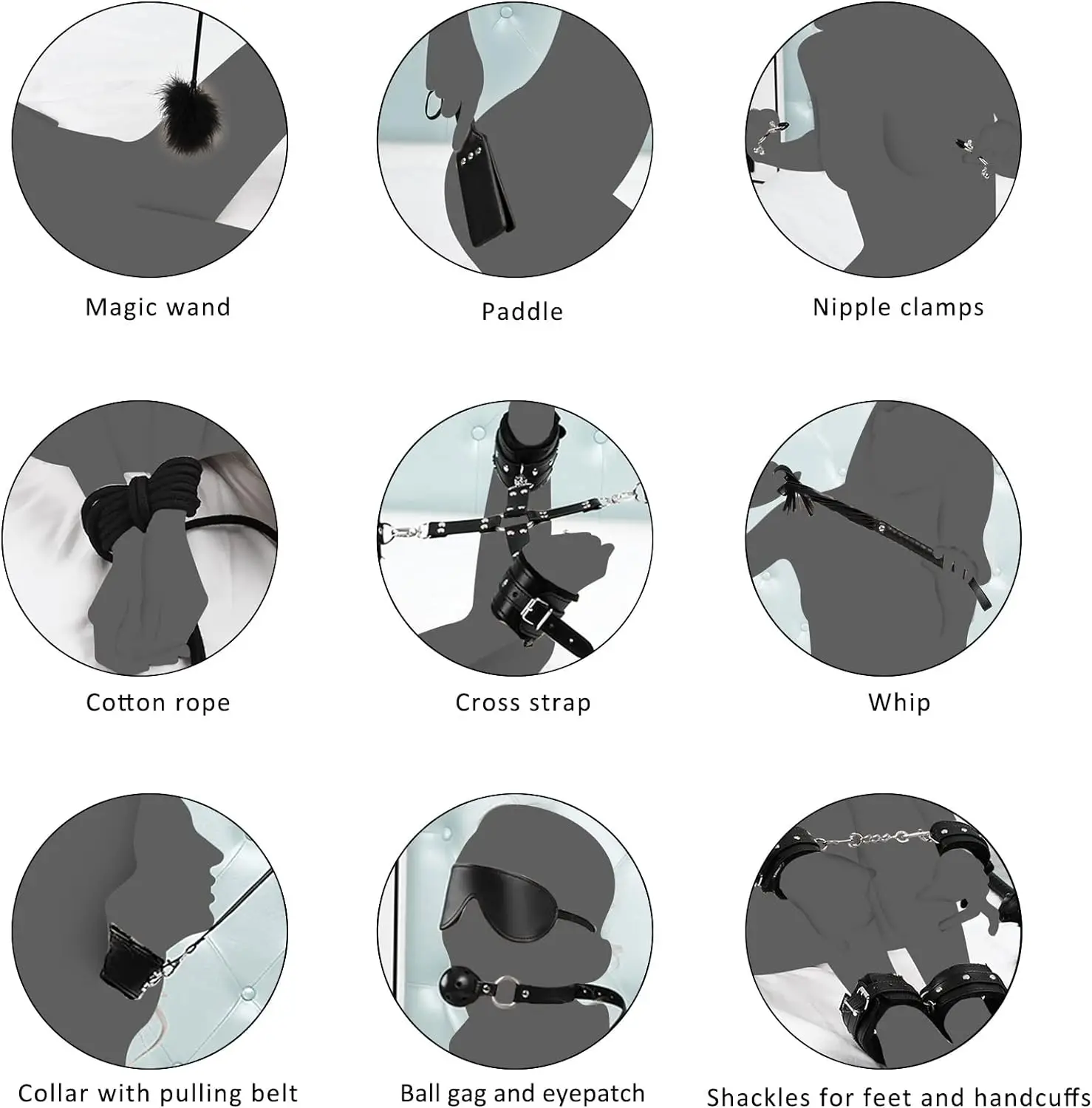 11 Pcs BDSM Leather Bondage Sets Restraint Kits for Women and Couples Sex Toy