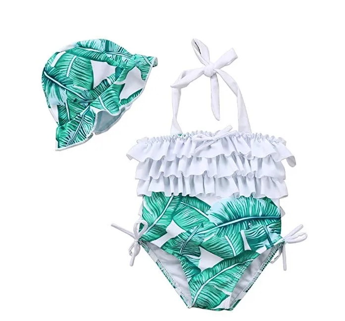 Baby Girl Leaf Swimsuit Ruffles Swimwear Halter Bathing Suit One Piece Bikini with Sun Hat for Toddler Girls Beach Wear