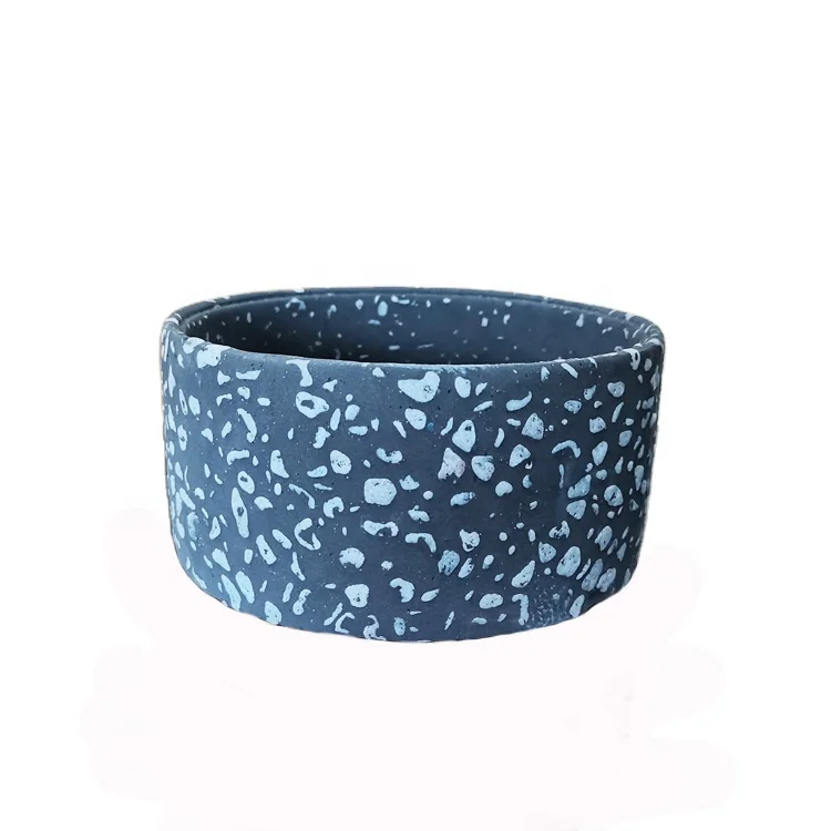 Indoor decorative large wide and short gray terrazzo cement flower pot