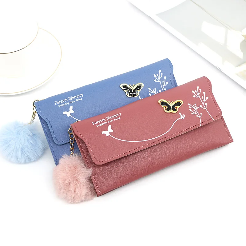 Custom Women Wallet Designer Solid Color Long Slim Card Holder Money Clutch Bag butterfly Buckle Lady Leather Wallet For Women