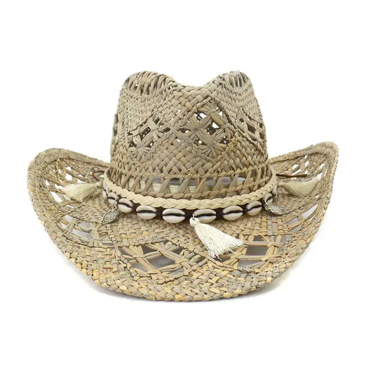 Summer outdoor straw sunhat eco-friendly casual vacation daily beach Panama hat hollow out breathable shell belt cowboy hat