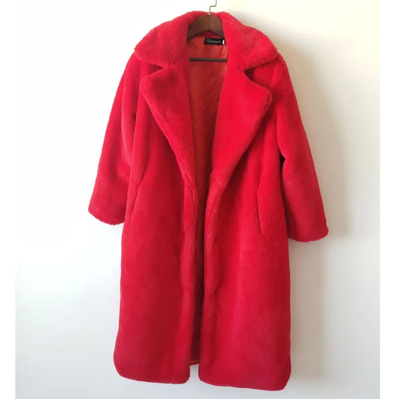 Long large size women faux rabbit fur coat warm winter fur coat