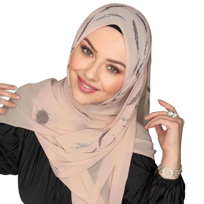 2022 New design scarves muslim hijab solid color rhinestone hijab headscarf chiffon women hijab