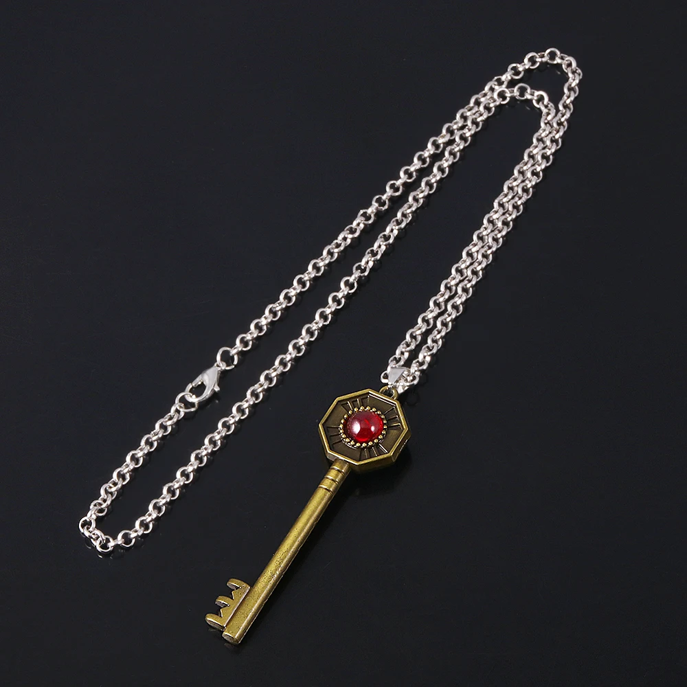 Bizarre Adventure Anime Cosplay Pendant Necklace Key Shape Inlay Ruby Bronze Color Jewelry Link Chain for Women Man Gifts