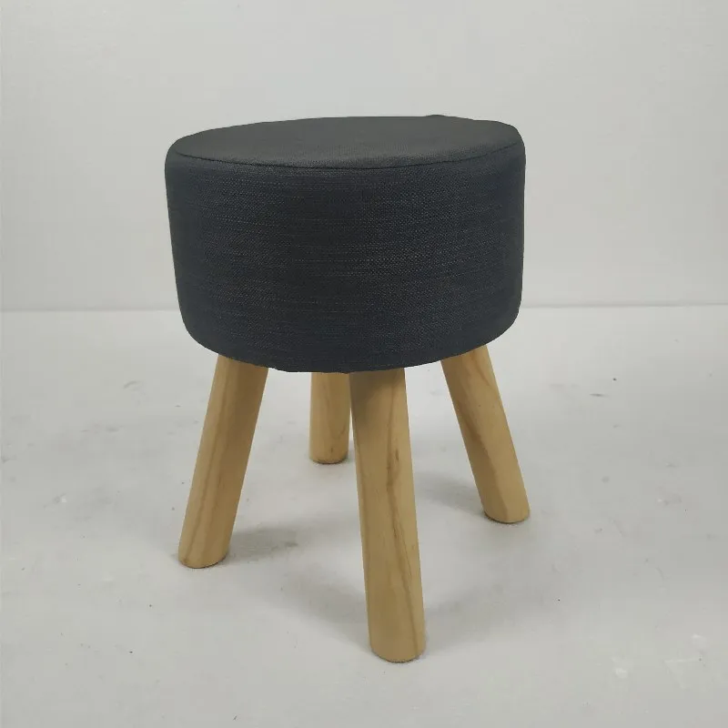 4 legged wooden round shape footstool with linen fabric cover
