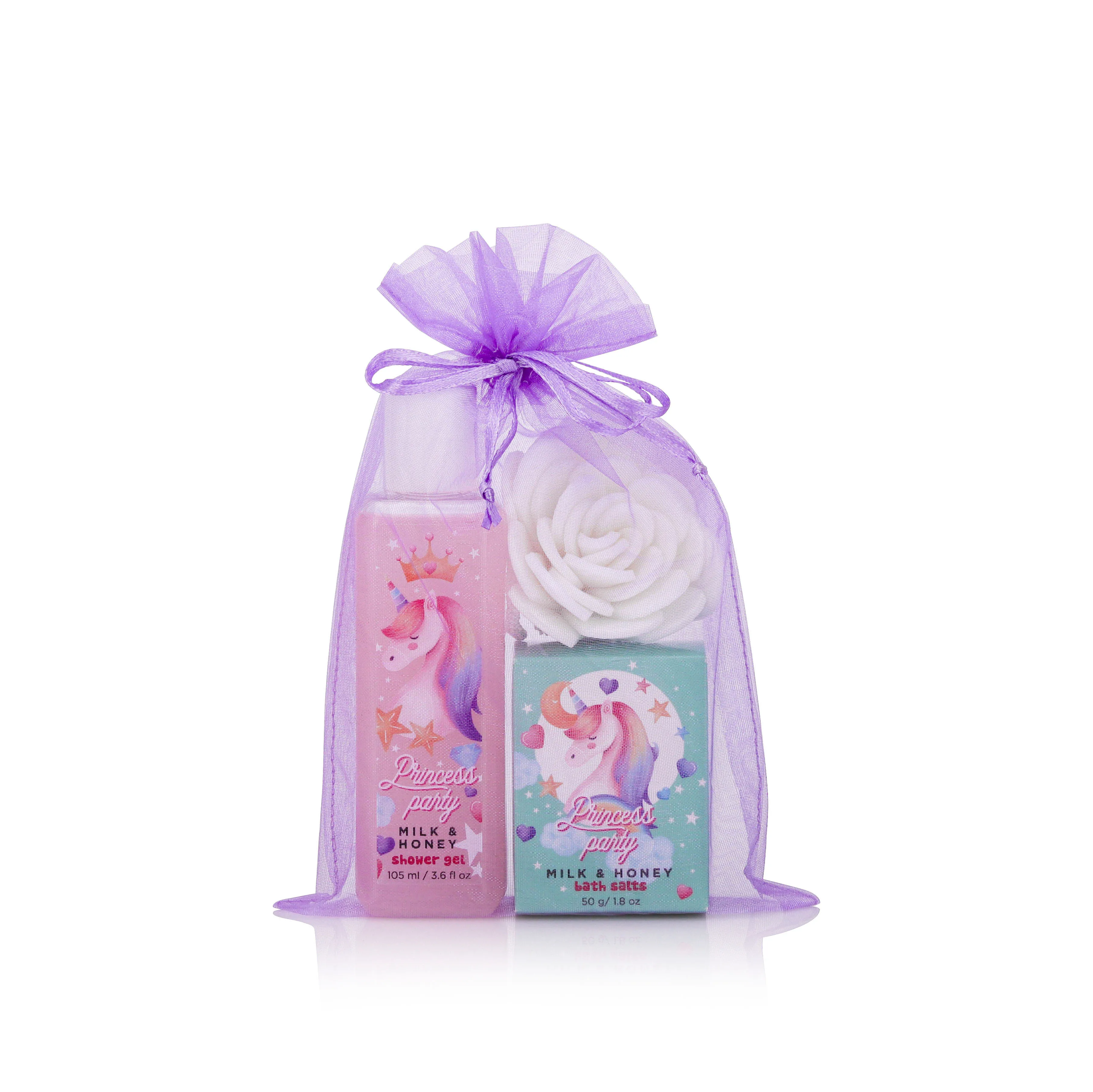 customized kids cartoon design 105ML shower gel 50g bath salt girl spa gift bath sets with organza bag