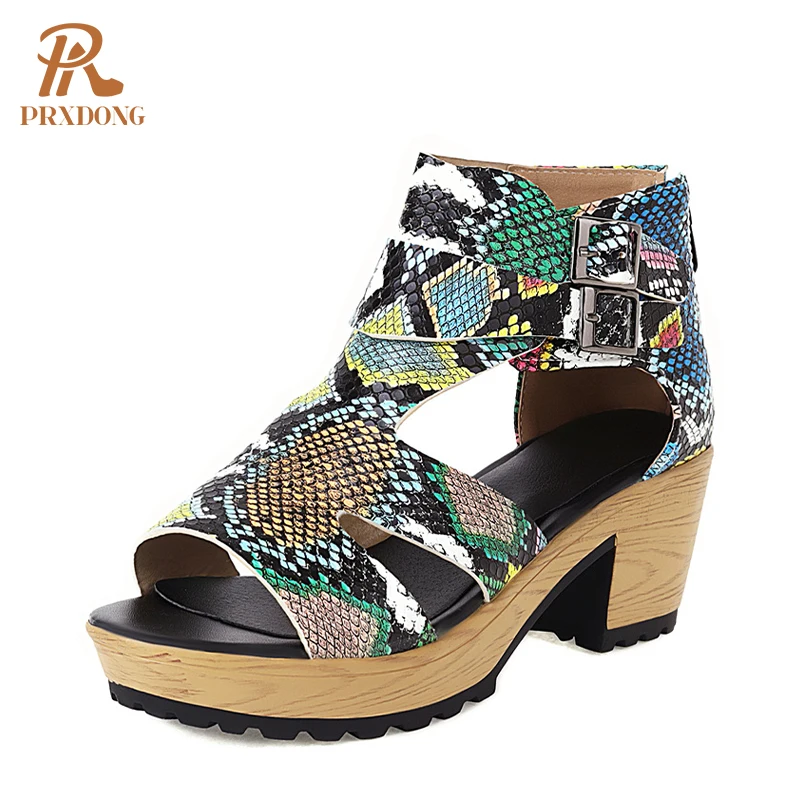 
Summer Autumn Women Open Toe Casual Pumps Snake Pattren Mixed Color Female Sandals High Heels Platform Shoes Buckle Zip Big Size 