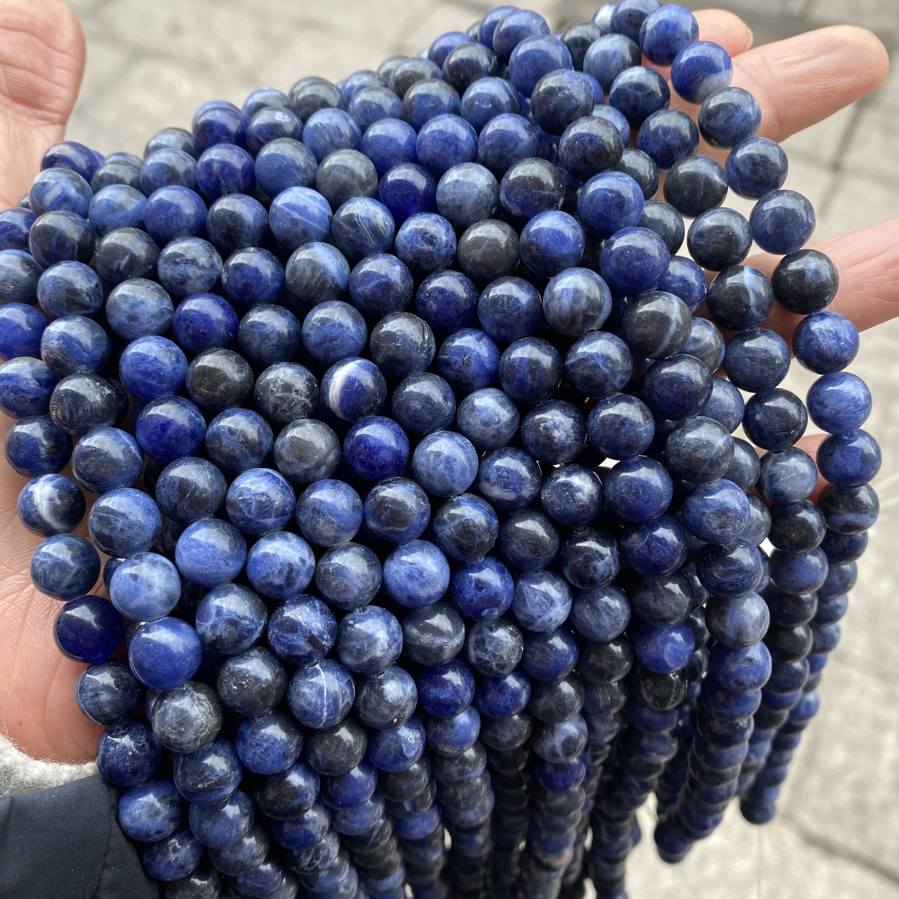 Yiwu Natural Stone Supplier Deep Blue Sodalite Polished Loose Round Beads White Pattern Lace Sodalite Beads for Jewelry Making