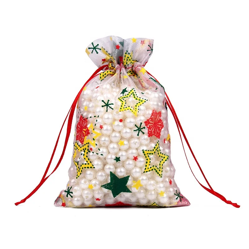 10*15cm New Year Party Organza Pouches Star Pattern Jewelry Candy Drawstring Pouches Christmas Organza Bags