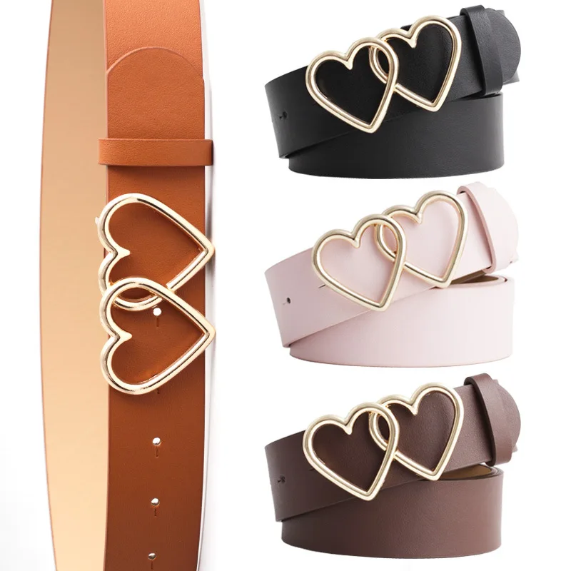 Double Heart Golden Buckle Fashion Women Leather Belts for Pants Jeans Dresses Plus Size Waist Ladies Designer Belts