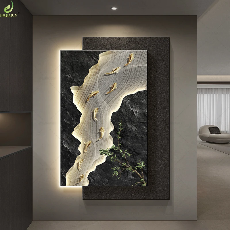 Lucky Nine Fish Luxury Wall Art Crystal Porcelain Diamond Painting Good Luck Metal Fish Home Decor