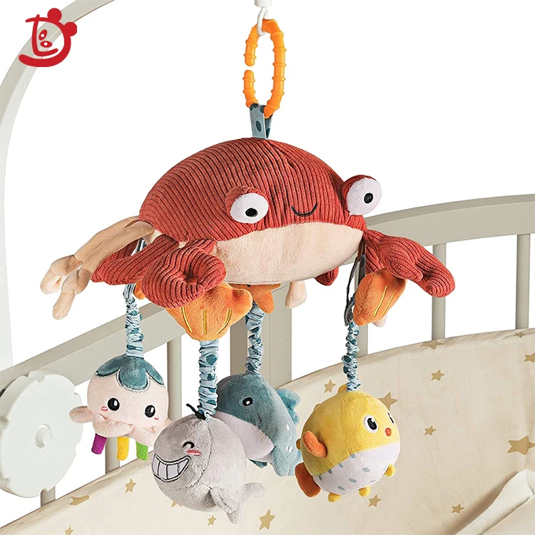 Customized Hot Sale Stuffed Happy Farm Animal Plush Crab Baby Carriage Hanging Bed Bell Pendant Toy