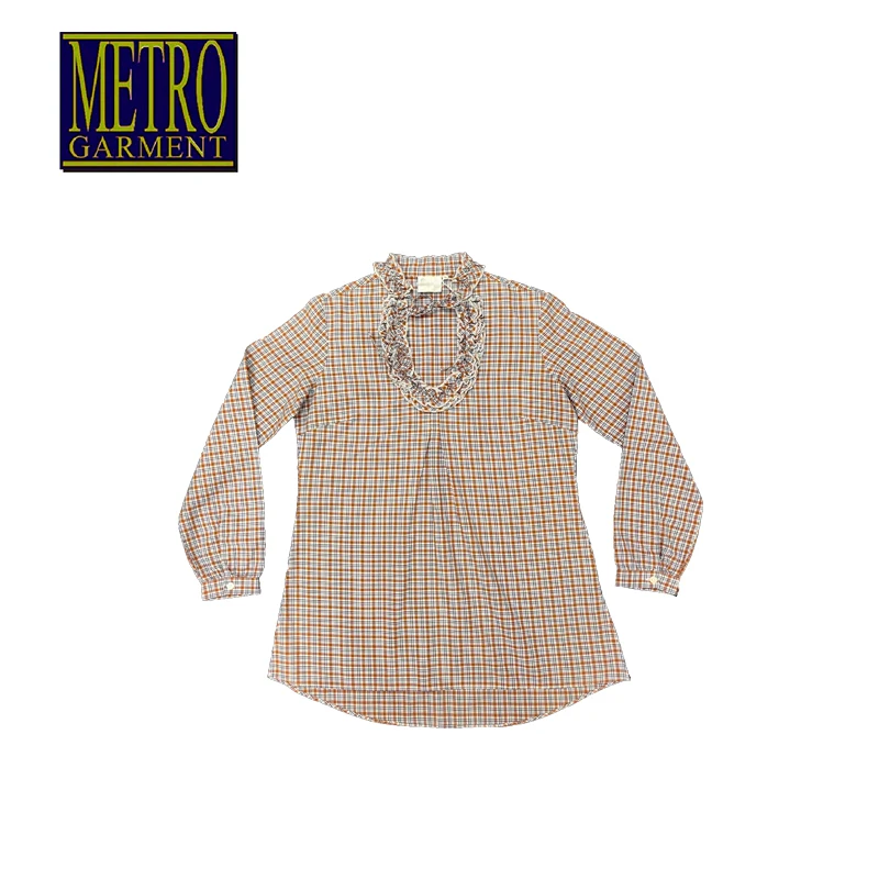 Brown Check Ruffled round neck Long sleeve Ladies Dress