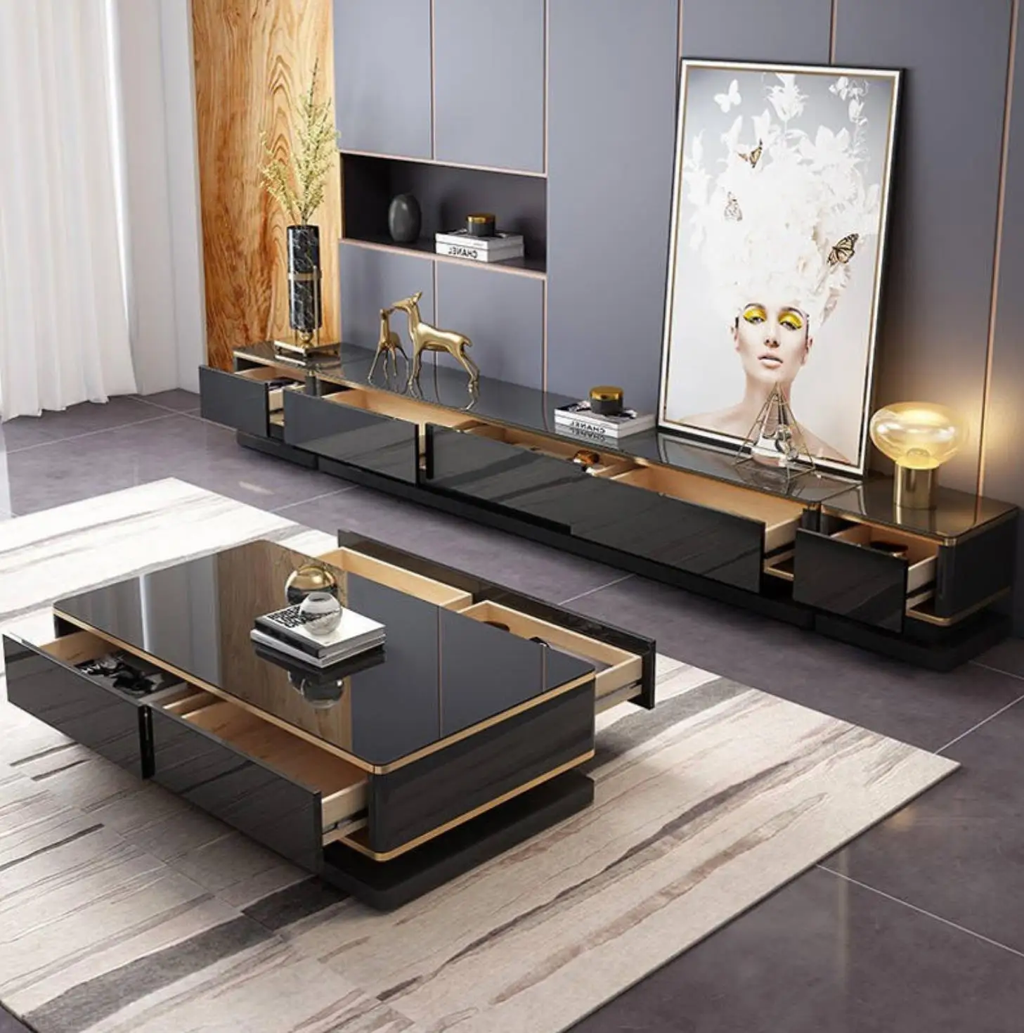 Modern light luxury TV cabinet combination small apartment living room household tempered glass rock board coffee table